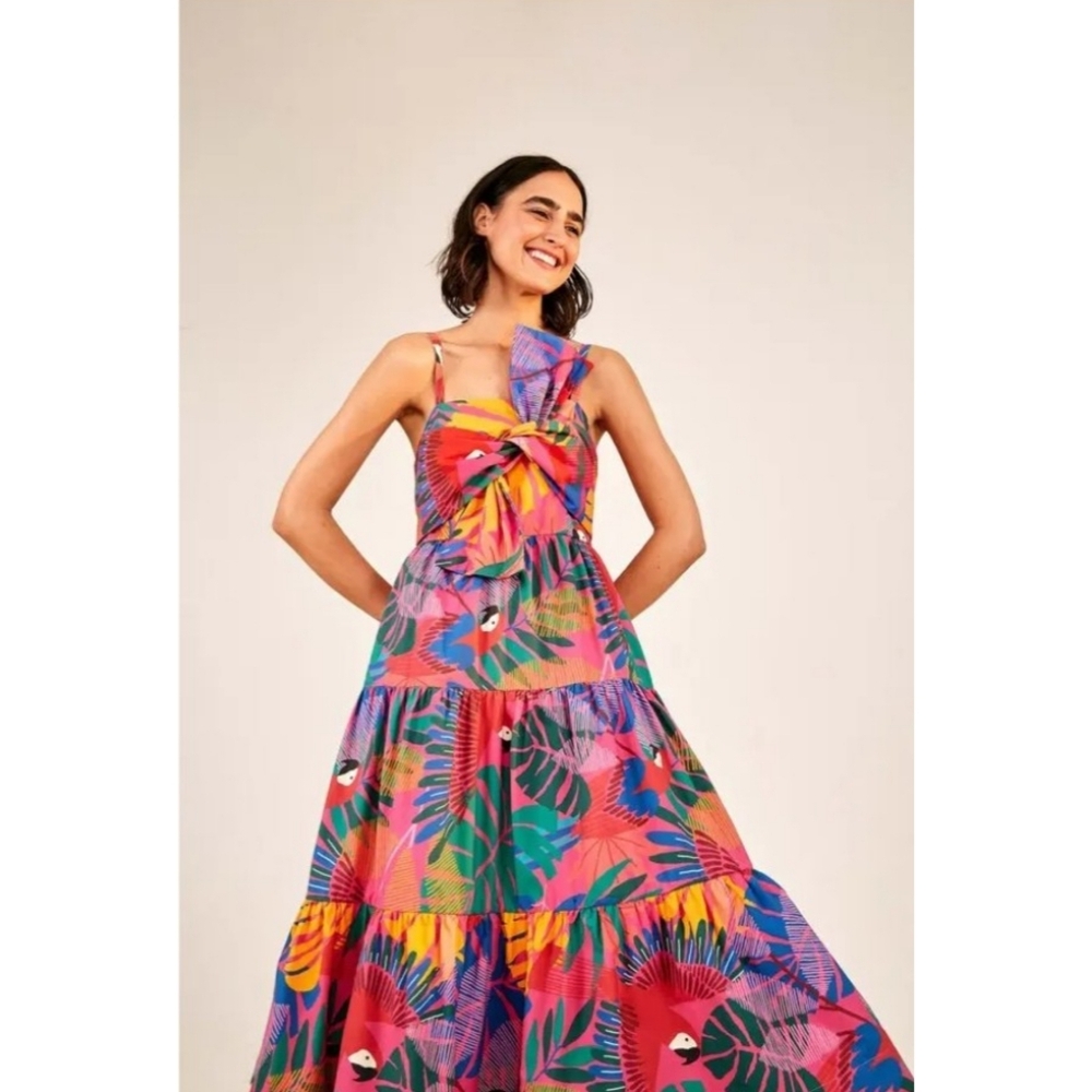 Farm Rio | Macaw Colorful Tropical Bow Top Tier Midi Dress Size Large Vacation